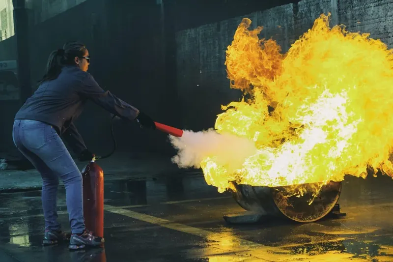 Participante éteignant un feu d'entraînement avec un extincteur